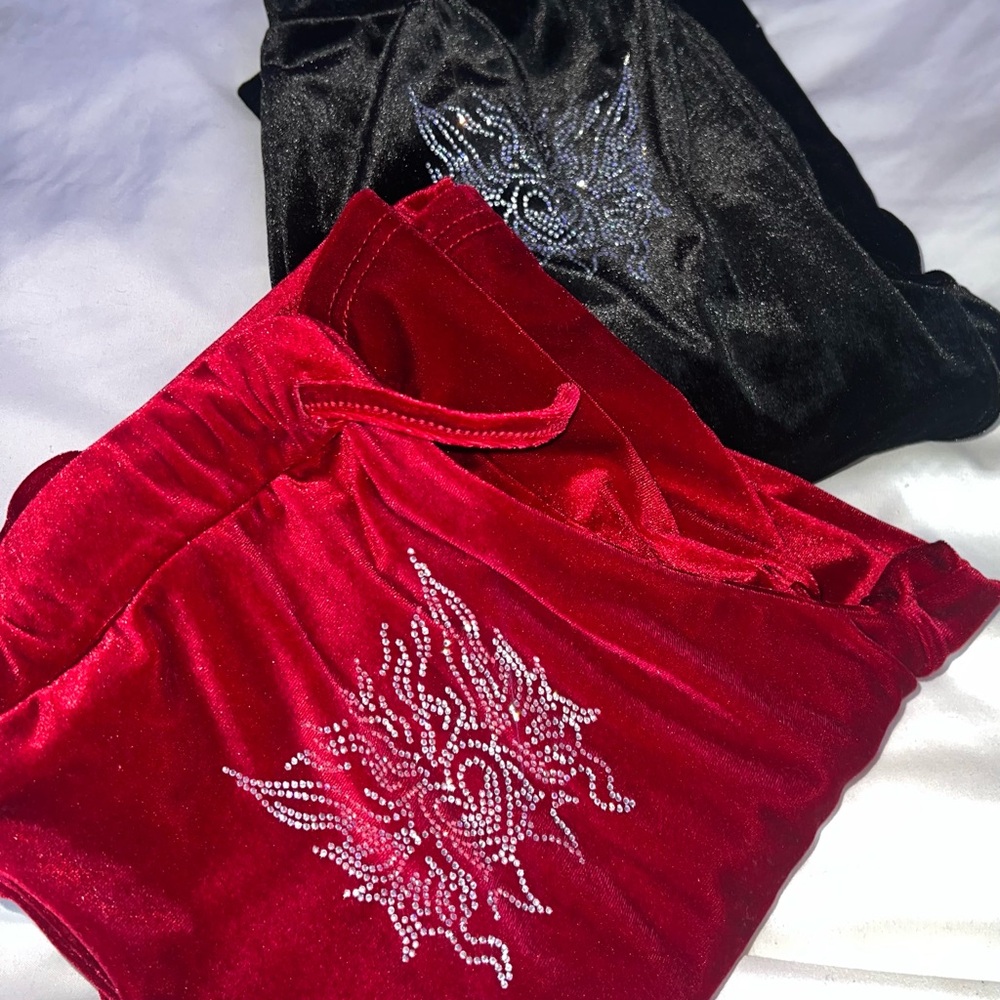 Y2K Red and Black Velvet pants with Rhinestone Design